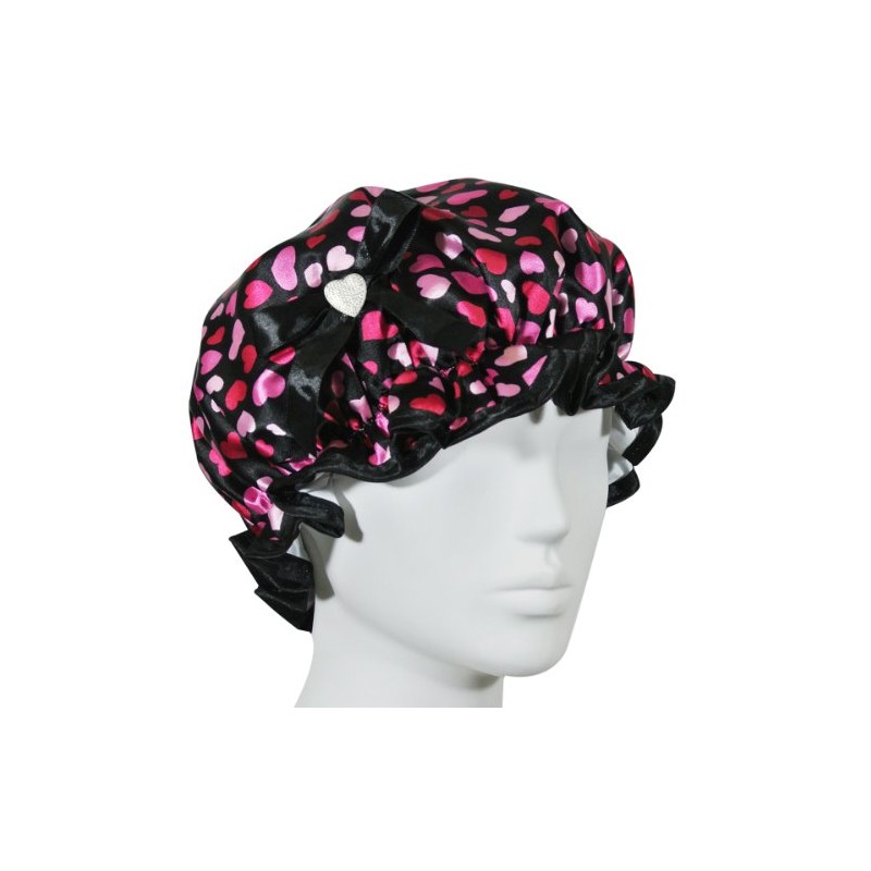 Kella Milla Stylish Satin Shower Cap - Hearts & Black