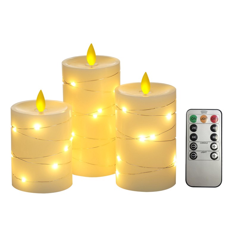 3PCS Flickering Flameless Candle Lights with Twisted String Lights Kit