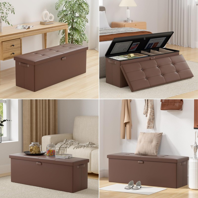 DocSafe Storage Ottoman Bench,Fireproof＆Waterproof Folding Storage Bench with Lock(15”x 43”x15”),Leather