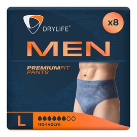 Drylife Men Premium Fit Incontinence Pants for Bladder Weakness - Fast Absorption Core, Anti-Leak Barriers, Odour Control Technology & Masculine Style - Large (Pack of 8)