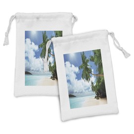 Ambesonne Beach Fabric Pouch Set of 2, Palm Leaves Island Ocean Clear Water Exotic Jungle Lagoon Travel Theme Image, Small Drawstring Bag for Toiletries Masks and Favors, 9" x 6", Green Blue Aqua
