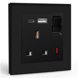 BSEED Single Socket 13A with USB A and USB C 18W, Single Plug Socket 1 Gang UK Standard, Switched Outlet with Glass Panel, Electric Power Outlet Black