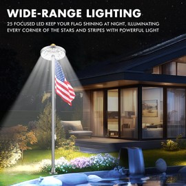 Aurolit Flag Pole Light Solar Powered, 25 Bright LED Flag Pole Light, Up to 20 Hrs Lighting, IP65 Waterproof, 100% Coverage for 15-30 Ft Outdoor Flagpoles, Silver