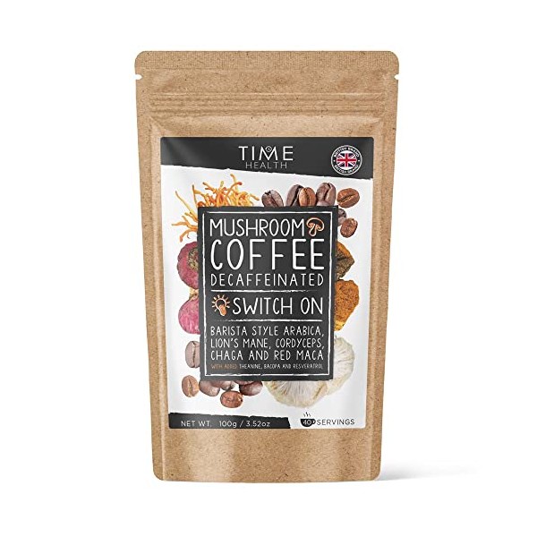 Decaf Mushroom Coffee Blend (Instant) - Arabica Coffee, Lion's Mane, Cordyceps, Chaga, Red Maca, Theanine, Bacopa & Resveratrol - Natural Energy & Focus - UK Made - 5% Micro Ground Coffee