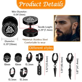 JewelryWe 9 Pairs Viking Earrings: Stainless Steel Huggie Studs Dangle Earrings Set Celtic Norse Jewelry for Men