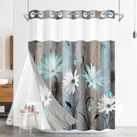 Nesphy No Hook Rustic Farmhouse Shower Curtain with Snap-in PEVA Liner Set, Teal Daisy Butterfly Wooden Hotel Style with See Through Top Window Double Layers Waterproof Bath Curtain 71x74 Inch