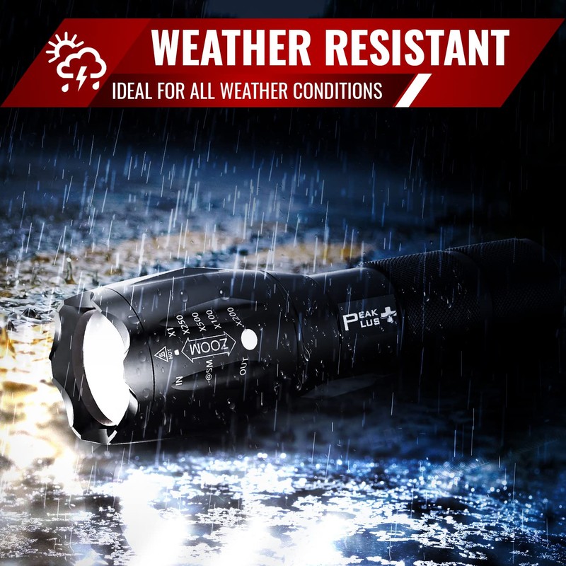 PeakPlus LED Tactical Flashlights High Lumens, Zoomable, 5 Modes Bright