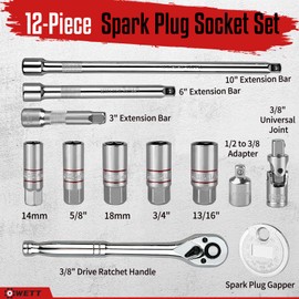WETT 12Pcs Spark Plug Socket Set, 3/8" Drive Ratchet Handle with Mirror Polished Sockets, Spark Plug Gapper, Universal Joint and Extension Bar, Spark Plug Removal Tool with Rubber Retaining Ring