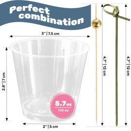 CUSINIUM [50 Cups + 200 Picks] 5.75oz Rounded Plastic Cups with Cocktail Picks