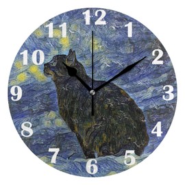 Pfrewn Lunar Star Cat Van Gogh Wall Clock Silent Non Ticking Animal Galaxy Clocks Battery Operated Vintage Desk Clock 10 Inch Quartz Analog Quiet Bedroom Living Room Home Decor