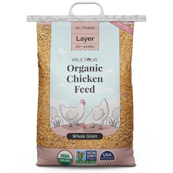 Mile Four | Layer Chicken Feed | Organic | Non-GMO, Corn-Free, Soy-Free, Non-Medicated Adult Poultry Chicken Food | US Grown Grains | 16% Protein | Whole Grain | 23 lbs.