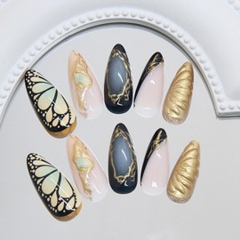 Almond Press on Nails Medium Fake Nails with Designs Butterfly Stick on Nail Gold Lines Acrylic False Nail French Glossy Artificial Nail Full Cover Glue on Nails for Women 24Pcs