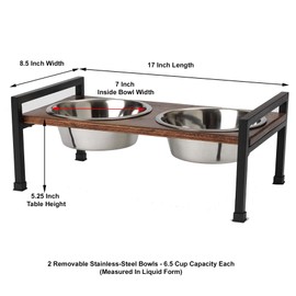 PetRageous 15014 Martinique Wood Non-Slip Table and Steel Frame Dog Diner 6.5-Cup Capacity per Two Removable Stainless-Steel Bowls 5.25-in Tall Elevated Pet Feeding Tray for Large Dogs, Brown