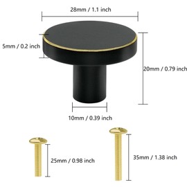 Vandicka 4 Pcs Solid Brass Knobs and Screws - Black Cabinet Door Knobs & Drawer Pulls – Round Brass Handles for Kitchen Cupboard Dresser Wardrobe, 28 * 20 mm