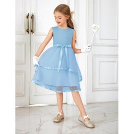 Arshiner Girls Dress Formal Party Fluffy Tulle Sleeveless Belted Light Blue Dresses Size 10-11Y