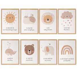 HappyArts® Children's Room Picture Set of 8 A4 Affirmations Poster Decoration Girls Boys Baby Room Affirmations Self-Love Mindfulness without Frame