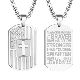 Viskmdi Dog Tag Necklace For Men with Bible Necklace Stainless Steel Silver Chain with Flag Patriotic Jewelry Religious Jesus Necklace for Men Silver