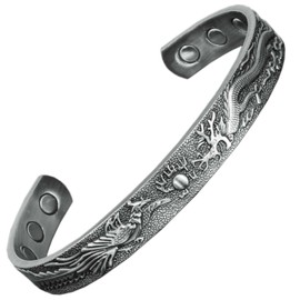 Copper Magnetic Bracelet Men Women Copper Bangle Pewter Plated 6 Magnets Unisex Adjustable, Good Luck Dragon Cuff-PDP (M: Wrist 16.5-19.5cm/6.5-7.6")
