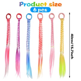 6 Pieces Colored Braids Hair Extensions with Rubber Bands Rainbow Ponytails Braided Colorful Hair Extension for Girls Hair-Accessories Colorful Synthetic Hairpieces