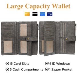 GOIACII Women's Large Long Format Leather Wallet with RFID Protection, Purse for Women with 16 Card Slots and Hand Strap, darkgray
