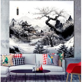 Japanese Tapastry,Cherry Blossom Wall Tapestry,Black and White Backdrop,Japanese Wall Art Anime Cherry Blossom Tree Wall Decor,Nature Landscape Tapestries for Bedroom Living Room Home Decor 59" x 51"