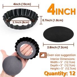 Cyimi Pack of 12 Mini Tart Moulds, 4 Inch Tart Mould with Lifting Base, Non-Stick Coating Pie Mould, Tartelette Moulds, Mini Quiche Mould, 10 cm