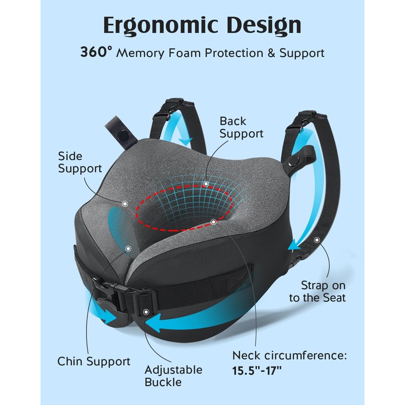 YFONG Travel Pillow for Long Flight Airplanes, Head Strap Combo