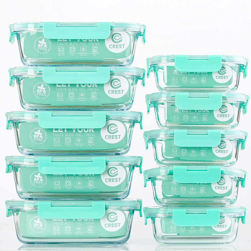 C CREST [10-Pack] Glass Food Storage Containers with Lids, Airtight,