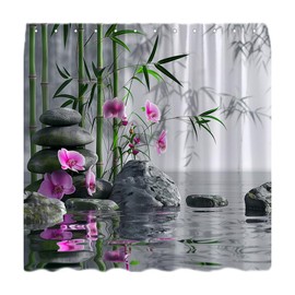 Spa Shower Curtain Orchid Flower Green Plants Zen Stone Spring Oriental Japanese Relax Meditation Fabric Bathroom Decor Sets with Hooks