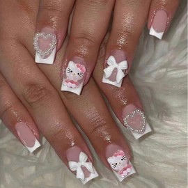 24Pcs French Tip Press on Nails Medium Square Nails Cute Cat Fake Nails with Nail Glue Pink Glitter Glossy Acrylic Nails Design White French Tip Cute Nail Charms False Nails Stick on Nails for Women