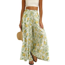 YOCUR Summer High Waisted Pants for Women Beach Vacation Wide Leg Pants Printed Loose Flowy Palazzo Lounge Trousers Yellow L