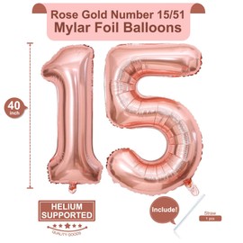 40 Inch Rose Gold 15 Number Balloons Giant 15 or 51 Balloons Rose Gold Birthday 15 Balloons 15th Birthday Anniversary Party Decorations Supplies