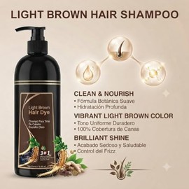 Hair Dye Shampoo 3 en 1 – Shampoo Tinte para Canas para Mujeres y Hombres | Color Light Brown/Castaño Claro | Cubre Canas Instantáneo, Deja Color Natu
