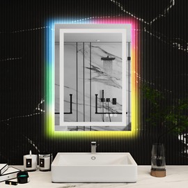 28x20 Inch RGB LED Bathroom Mirror Front Light LED Bathroom Mirror with 3 Colors, Vanity Mirror with Lights, Anti-Fog Wall Mounted, Dimmable Touch Switch Control, Memory Front and Backlit Smart Mirror