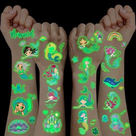 Pack of 100 Tattoos for Children, Luminous Tattoos Children Girls Gifts 3 4 5 6 7 8 9 10 11 12 Years Mermaid Toy Girls Glitter Tattoo Set Kids Party Gadgets Easter Gifts Valentine's Day