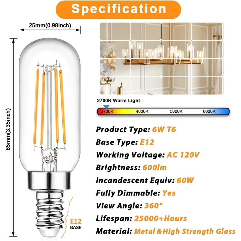 E12 Candelabra Edison Bulbs 60 Watt Equivalent, T6 6W Dimmable
