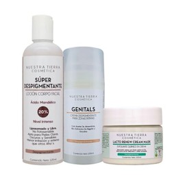 Nuestra Tierra Cosmetica Kit Despigmentante Facial y Corporal, Loción 20% Ácido Mandélico 125ml, Crema Genitals 100ml, Mascarilla Lacto Renew 100ml