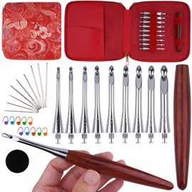 Interchangeable Ergonomic Crochet Hooks Set Inline Beginner Crochet Needles Kit Smooth Grip Wooden Handle with Red Case for Arthritic Hands 9 Sizes 3.5mm-8mm