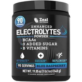 Zeal Naturals Suplemento De Electrolitos En Polvo Mejorado(Frambuesa Azul, 90 Unidades) Sin Azúcar, Con Bcaa Y Vitaminas B, Con Potasio, Zinc Y