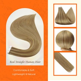 Full Shine Tape in Hair Extensions 22 Inch Color 10 Golden Brown and 16 Golden Blonde to 16 Blonde Ombre Double Sided Seamless Tape in Extensions Human Hair 50 Grams 20 PCS Add Length