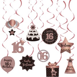 Happy 16th Birthday Party Hanging Swirls Streams Ceiling Decorations, Celebration 16 Foil Hanging Swirls with Cut-outs for 16 Year Old Pink and Gold Birthday Party Decorations Accessories
