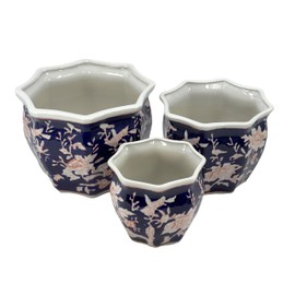 Galt International Blue & Pink Round Fluted Floral Porcelain Ceramic Plant Flower Planter Pot Set of 3 (7.5", 10", 13") Garden Pots Chinese Asian Design