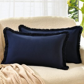 ZWJD Pillow Covers 12x20 Set of 2 Navy Throw Pillow Covers with Fringe Chic Cotton Decorative Pillows Square Cushion Covers for Sofa Couch Bed Living Room Farmhouse Boho Decor