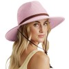 DRESHOW Womens Summer Straw Sun Hat Wide Brim Bucket Hats Fedora Hats Panama Beach Hat with Chin Strap UPF 50+