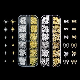 BSITSSS 2 Boxes Metal Nail Charms, Fashion Charms Nails, Bow Tie Charms for Nails, Rivets Nail Art Charms, Nails Charms for Nail Design Accessories (Gold + Silver)