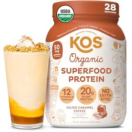 KOS Organic Vegan Protein Powder with 50mg Caffeine, Salted Caramel Coffee - Pea Protein Blend, Plant Based Superfood Rich in Vitamins & Minerals - Me