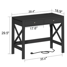 ChooChoo Computer Desk with USB Charging Ports and Power Outlets, 39" Black Desk with Drawers, Small Study Writing Table with Stable X Frame for Home Office