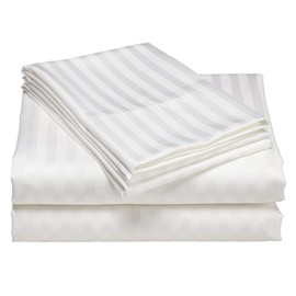 USA Queen XL Sheet Set in White Stripe 400 Thread-Count 100% Egyptian Long Staple Cotton, Sateen Weave for Soft and Silky Feel, Breathable 4-Piece Bedsheet, Elasticized 18'' Extra Deep Pocket