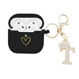 AIIEKZ Compatible AirPods 4 Case Cover, Soft Silicone Case with Gold Heart Pattern for AirPods 4th Gen, Rhinestone Studded Letter A-Z Keychain (T Black)