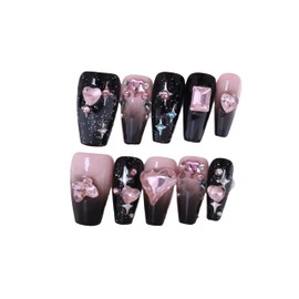PN-006 Press-On Nails Varnished 10 Pieces Reusable False Nails Y2K Glamour Heart Rhinestones Pink Black